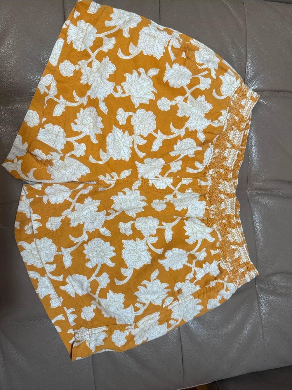 Briggs Orange Floral Linen Blend Smocked Waist Shorts Size Large
